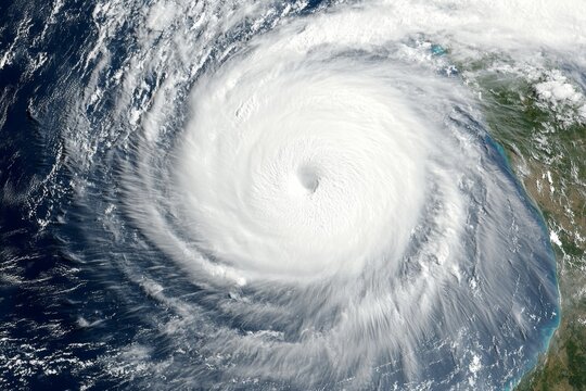 A satellite image showing the full-scale formation of a Category 5 hurricane over the ocean