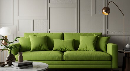 Serene Green Sofa Interior Soft Light. AI Generated