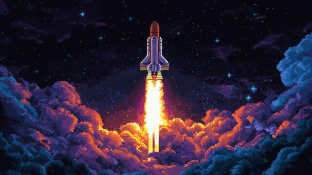 Pixel art space shuttle launching through clouds