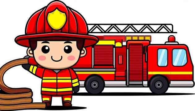 cute cartoon firefighter with fire truck hose helmet extinguisher and fire station