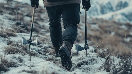 Hiker trekking snowy mountain trail, axes, winter