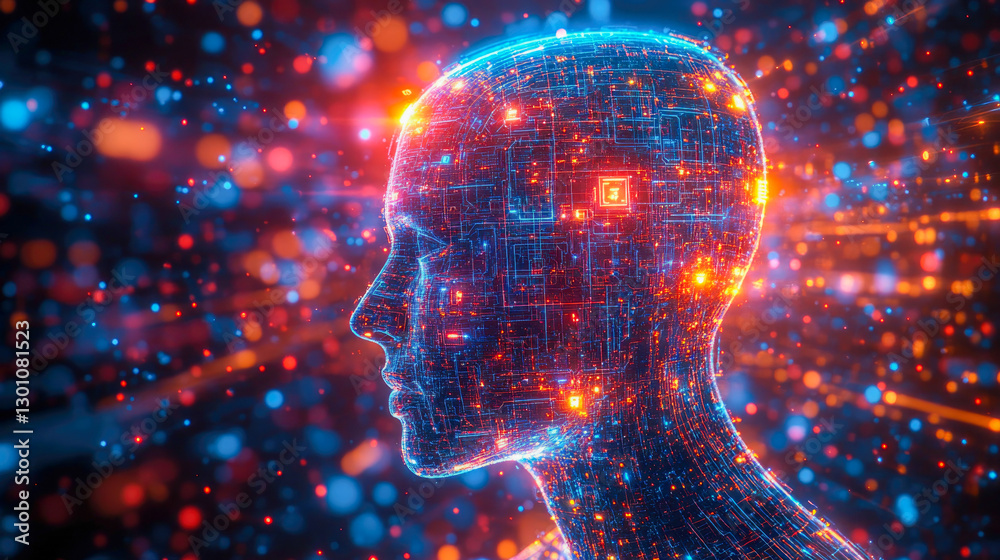 Poster this striking image features a digital representation of a human head filled with circuit patterns a