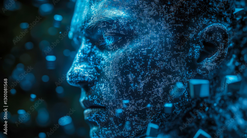 Poster this visually engaging representation features a fragmented human face made of cascading data patter