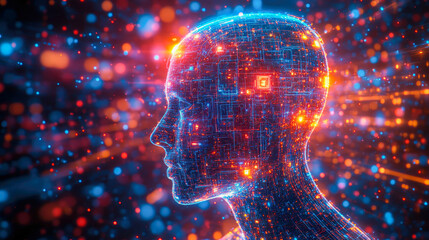 Obraz premium This striking image features a digital representation of a human head filled with circuit patterns and luminous connections, highlighting the interplay of technology and humanity.