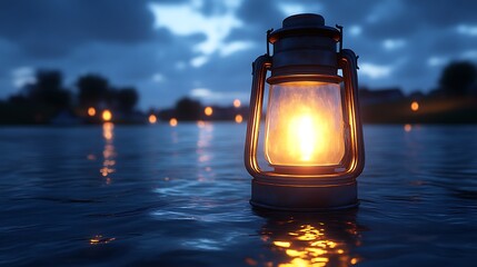 Illuminated Lantern Floating on Serene Night Water