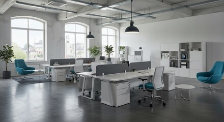 Modern office space bright natural light airy design. AI Generated