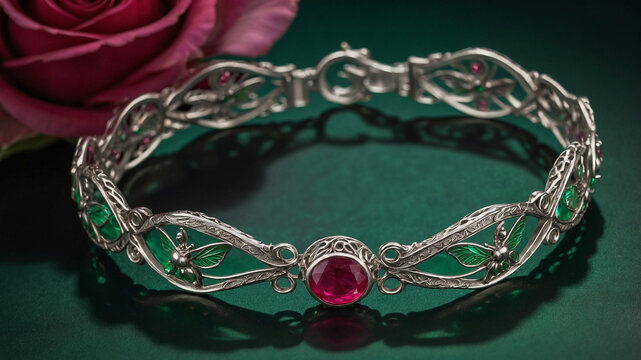 Elegant silver bracelet with ruby and emerald gemstones