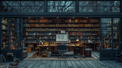 Cozy Library with Modern Workspace and Wooden Bookshelves