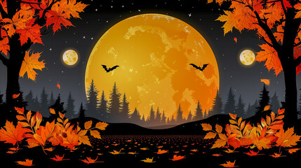 Spooky Halloween Night with Full Moon and Autumn Leaves