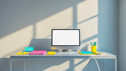 Minimalist home office with bright colorful stationery..