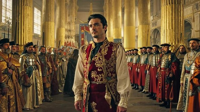 A grand historical depiction of Marco Polo standing in an opulent palace, surrounded by richly dressed courtiers, symbolizing his travels and encounters with Eastern royalty.