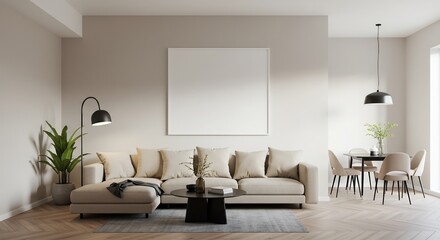 Calm Beige Living Room Interior Design Soft Light. AI Generated