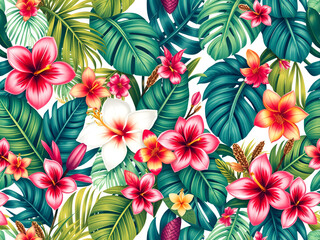 Seamless AI Tropical Floral Pattern with Red and White Flowers on Green Monstera Leaves