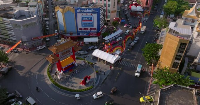 An aerial view of the Chinatown Gate or Odeon Circle, The most famous tourist attraction in Bangkok, Thailand.