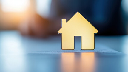 golden house icon symbolizes home ownership above loan approval document