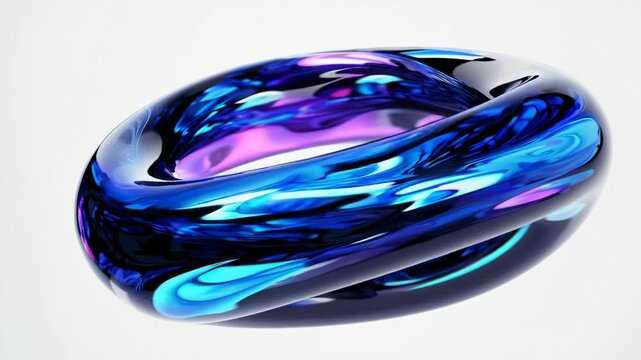 Rotating morphing abstract glass ring on white background