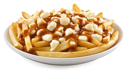 Delicious poutine dish white background food photography culinary art close-up comfort food experience
