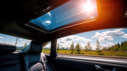 Sunlit car sunroof view of road trip