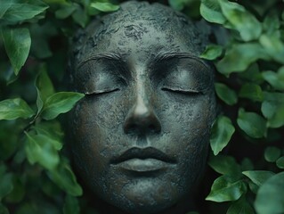 Obraz premium Woman's Face Statue Surrounded by Leaves