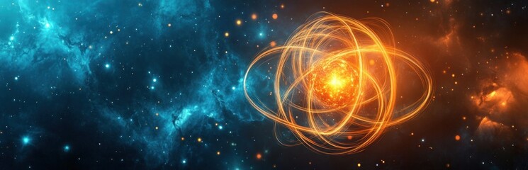 Obraz premium Glowing atom in vibrant nebula.