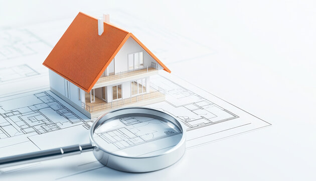 magnifying glass hovers over house floor plan with model house