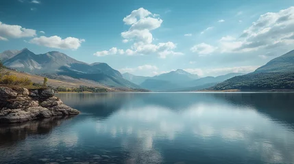 Schapenvacht deken Serene mountain lake landscape with stunning blue sky and clouds peaceful nature scene tranquil water © Sajib