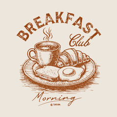 Breakfast time vector design. Morning time artwork for apparel, Vintage Illustration Of Breakfast Plate With Toast And Eggs.  Fresh start your day.
