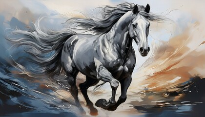 Obraz premium abstract gray horse painting running stallion art
