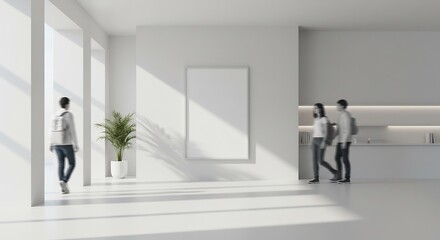 Modern minimalist interior bright sunlight illuminates stylish people. AI Generated