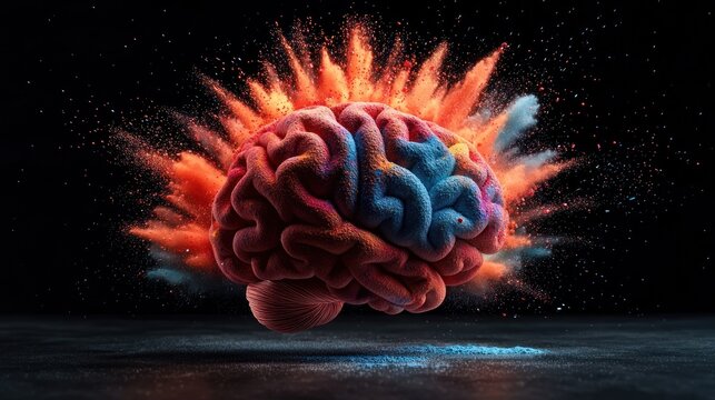 Exploding brain, colorful powder, dark studio, creative concept