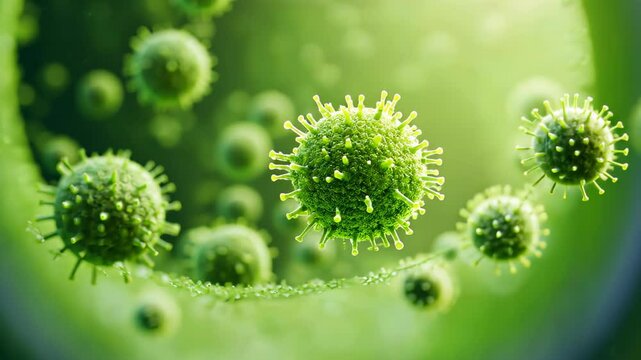 Macro View of Green Viruses with Focus on Texture and Detail in Abstract Scientific Environment for Biological Study and Microscopic Exploration in Vibrant High-Resolution Imagery