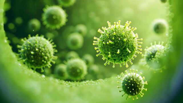 Macro View of Green Viruses with Focus on Texture and Detail in Abstract Scientific Environment for Biological Study and Microscopic Exploration in Vibrant High-Resolution Imagery
