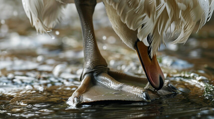 A close up of a swan's webbed feet standing in shallow water.