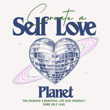 Disco party ball graphic print design poster. Self love club t shirt design. Create a love planet. Meet me at the disco. Disco party girls graphics. summer t shirt design. spache vector design.