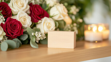 Obraz premium Rustic wooden block with flowers and candles in background