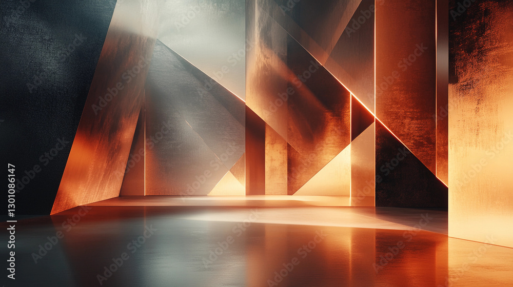 Poster abstract background featuring geometric shapes with warm lighting and metallic textures, creating a 