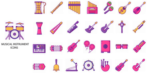 Musical instrument simple concept 28 colour icons set. Contains such  .Vector illustration.