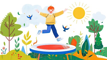 Boy jumping on trampoline in sunny park colorful illustration cheerful environment joyful view