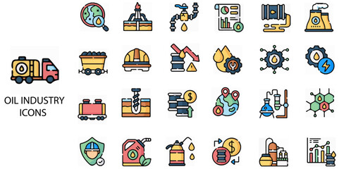 Oil Industry concept 24 colour icons set. Contain such Oil, gas, refinery, offshore platform, petroleum, lubricant, oil barrel and gas pump etc. Vector illustration.