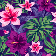 Seamless AI Tropical Floral Pattern with Vibrant Purple Flowers and Green Leaves
