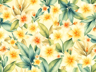 Obraz premium Seamless AI Tropical Floral Pattern with Yellow Flowers and Green Leaves