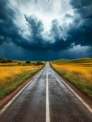 A long, empty road stretches into a stormy sky, flanked by golden grass fields that contrast with the dark clouds above. The scene evokes feelings of solitude and anticipation.