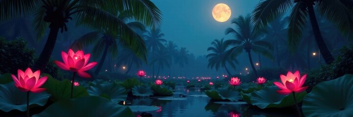 Lush red lotus flowers glow softly in moonlight amidst swaying palm trees, moonlit, tropical garden, serenity