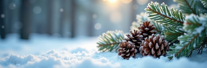 Pinecones and frosty twigs intertwined in a winter wonderland, forest, nature