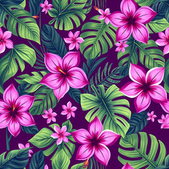 Fototapeta premium Seamless AI Tropical Floral Pattern with Vibrant Purple Flowers and Green Leaves