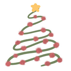 Fototapeta premium A hand-drawn Christmas tree wrapped in a swirling ribbon with red ornaments and a star on top, creating a festive holiday look.
