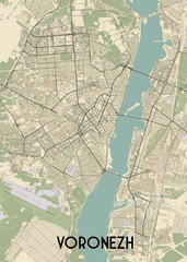Fototapeta premium The image depicts a detailed map of Voronezh, a city in Russia. The map is rendered in a minimalist style with a beige background and black lines representing streets and roads.