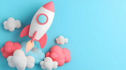 Colorful 3D Rocket with Clouds on a Bright Blue Background