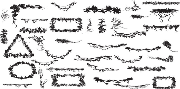vines tropical plant drawing, Side view, set of graphics trees elements outline symbol