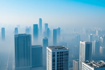 A thick layer of smog covering a bustling city skyline, with skyscrapers barely visible